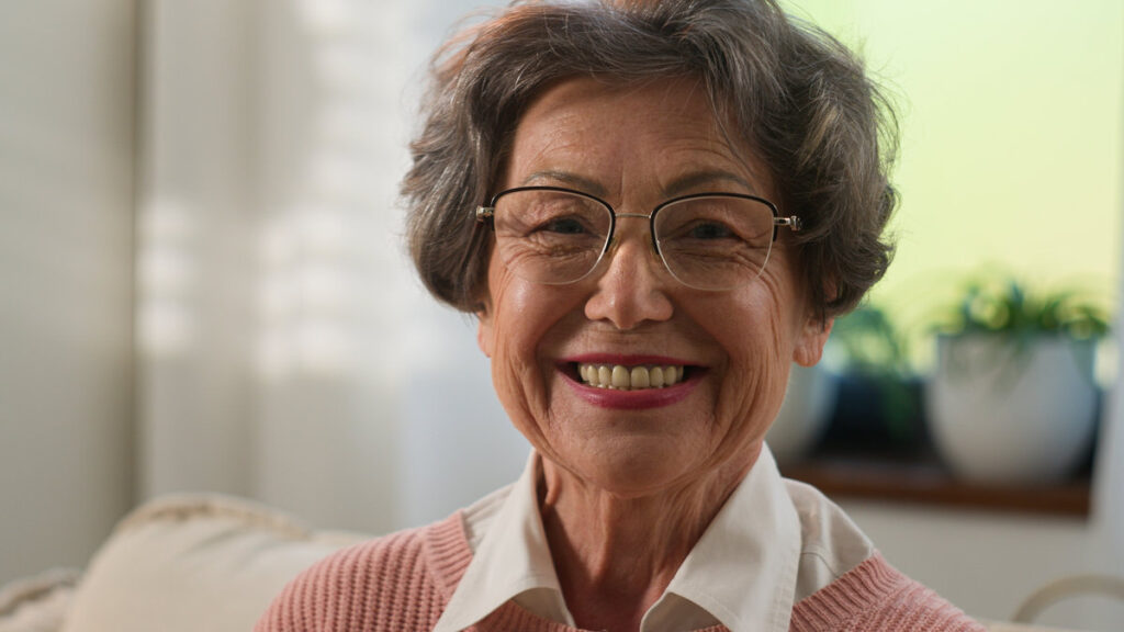 Grandmother senior woman old mature female elderly granny indoors at home smiling toothy looking camera happy middle aged single person portrait smile older grey-haired healthy cheerful retired lady. High quality 4k footage